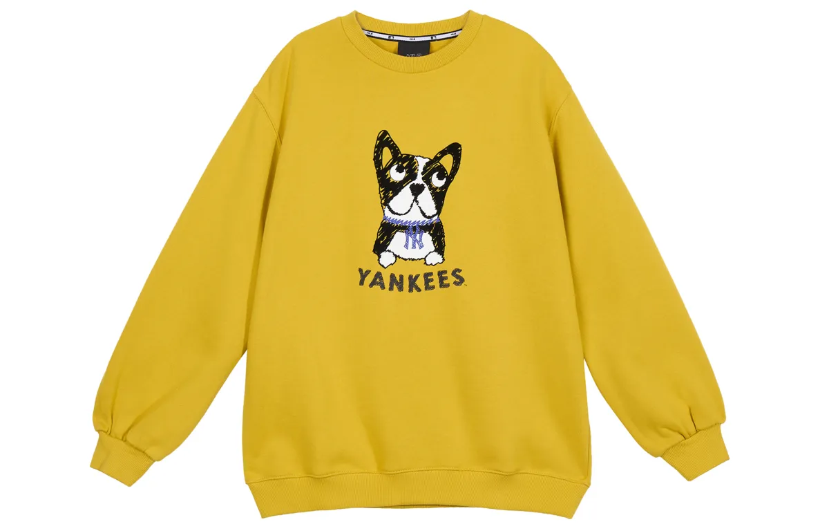 MLB Like Series Cartoon Puppy Fleece Lined Print Logo Sports Long Sleeved Crew Neck Sweatshirt Unisex Yellow