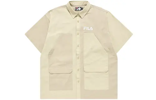 FILA FUSION Fila trendy brand color-blocked multi-pocket loose and versatile soft woven short-sleeved shirt for men Mojave Sand