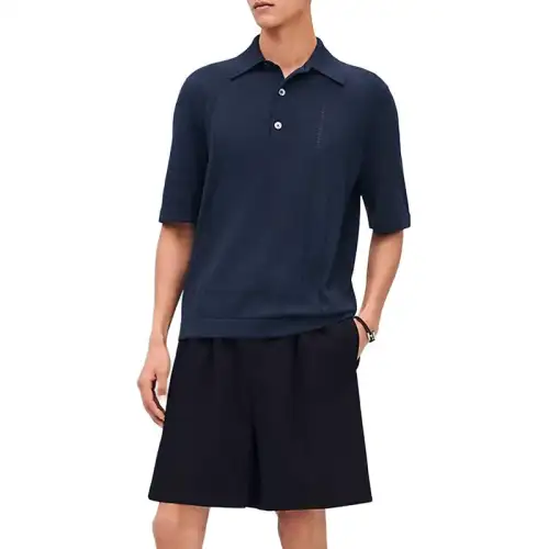 HERMES Polo Shirts Men's Blue Polo Collar Moderate Straight Fit