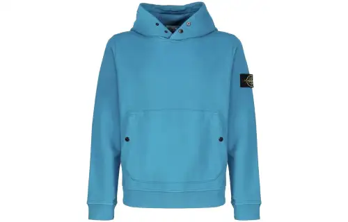 STONE ISLAND Solid Color Pullover Hooded Long Sleeved Fleece Lined Sweatshirt Men's Blue