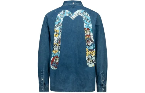 EVISU Shirts Men's Denim Blue Polo Collar Moderate Denim