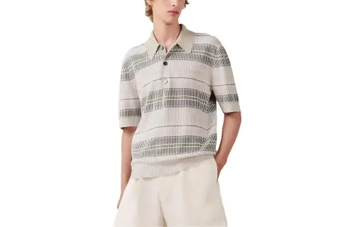 HERMES Polo Shirts Men's Light Gray Umber Polo Collar Moderate Straight Fit