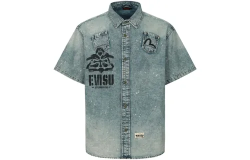 EVISU Shirts Men's Denim Blue Lapel Moderate Denim