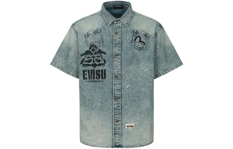 EVISU Shirts Men's Denim Blue Lapel Moderate Denim