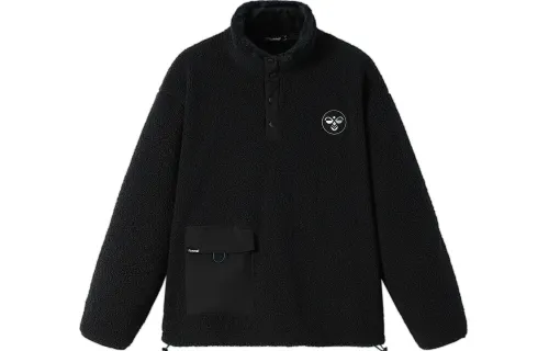 Hummel lambswool semi-valley stand-up collar, velvet sleeves, spliced pockets and velvet lining sweatshirt, same style for men and women