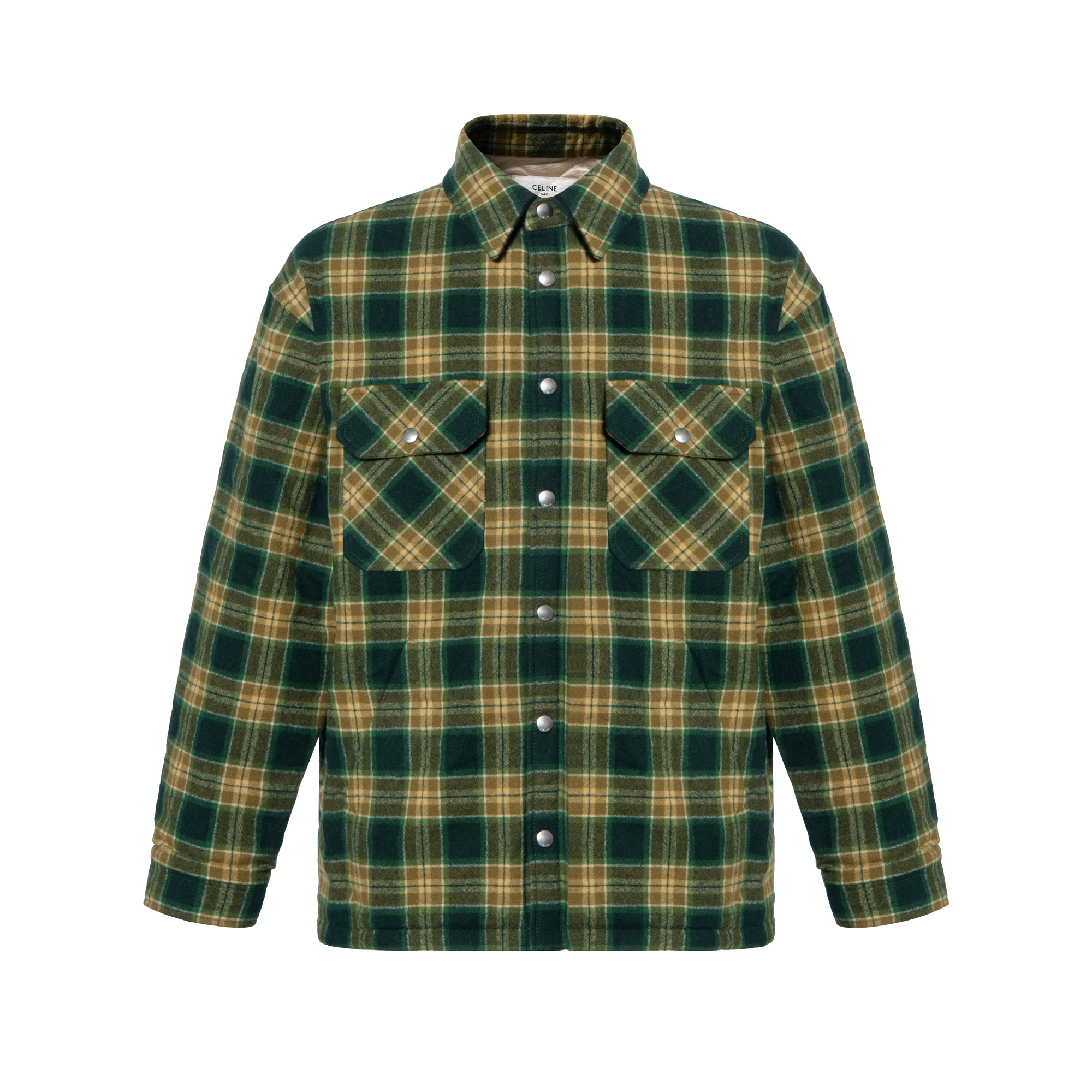 CELINE Celine FW22 Boy Doll plaid pocket lapel colorblock single-breasted long-sleeved shirt men's green