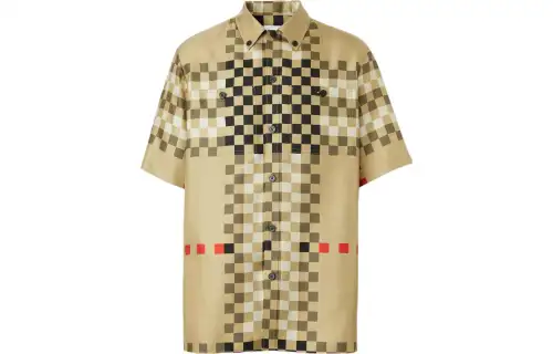 Burberry Short Sleeve Pixel Check Silk Shirt