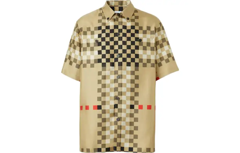 Burberry Short Sleeve Pixel Check Silk Shirt