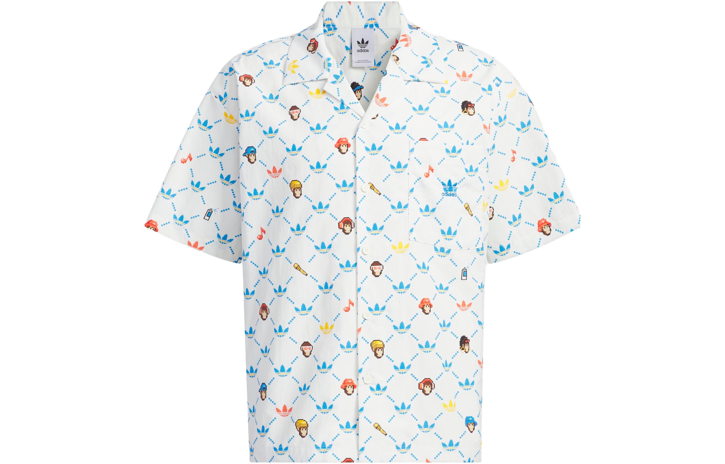 Adidas Originals Monkey Kingdom Shirts Men's Pink White Cuban Collar Moderate Shirt