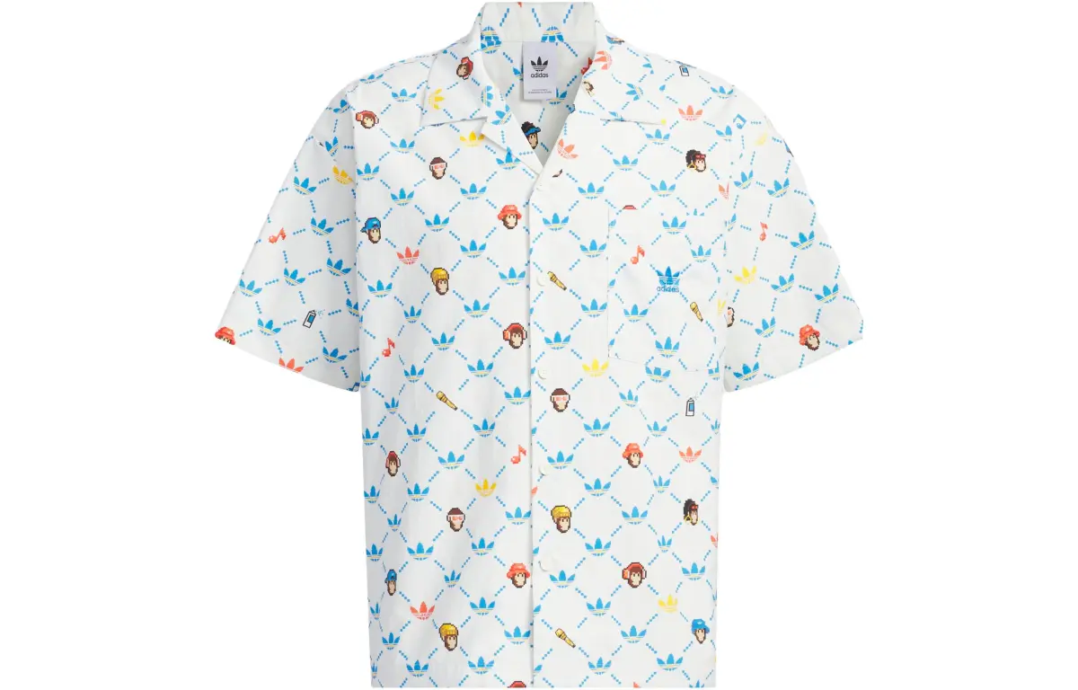 Adidas Originals Monkey Kingdom Collaboration Shirts Men's Pink White Cuban Collar Moderate Shirt