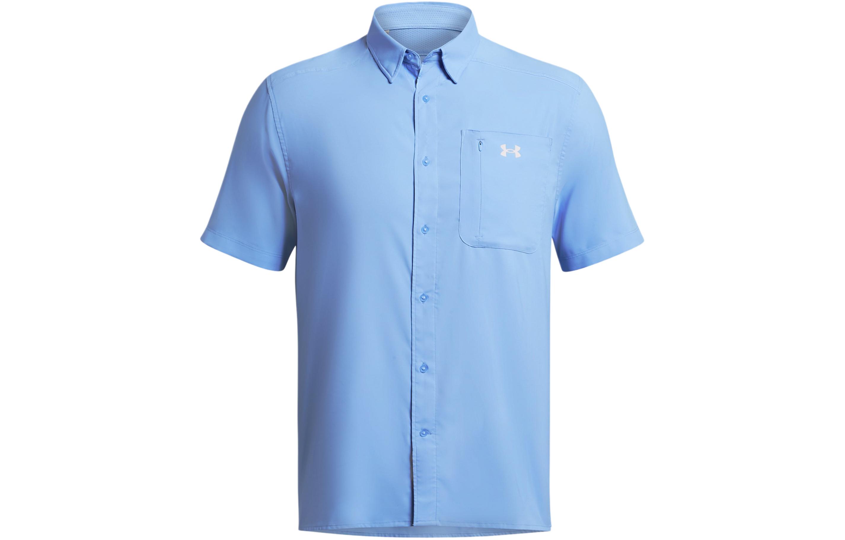 Under Armour UA Drift Tide 2.0 solid color logo chest pocket design casual and comfortable short-sleeved shirt men's sky blue