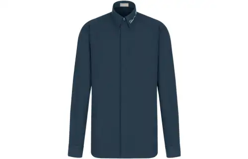 DIOR Dior x Travis Scott FW22 Logo embroidered solid long-sleeved shirt Men's Navy Blue