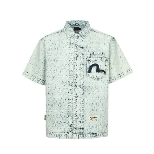 EVISU Shirts Men's Denim Blue Lapel Moderate Denim