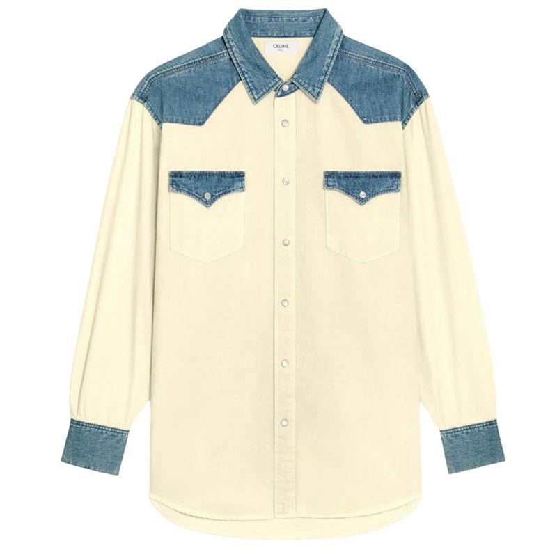 CELINE Celine FW22 color block denim long-sleeved shirt for men, washed color
