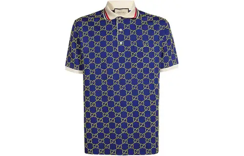 GUCCI Polo Shirts Men's Blue Polo Collar Moderate Straight Fit