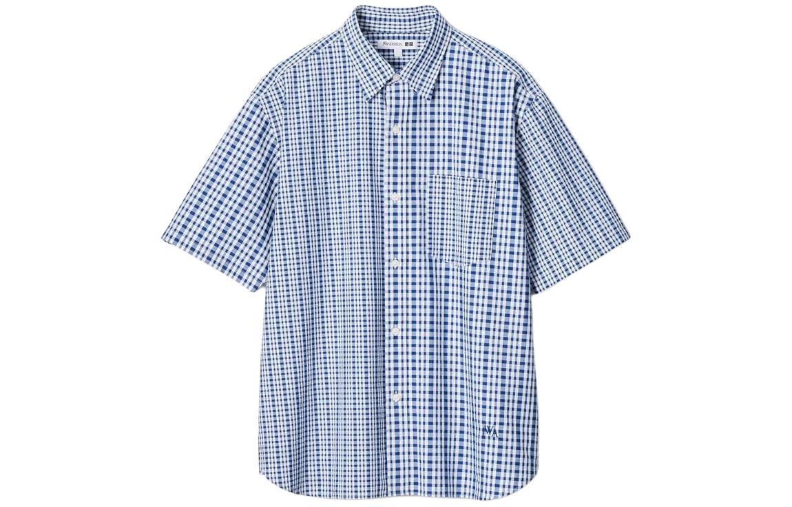 UNIQLO UNIQLO JW Anderson joint series x JWANDERSON joint model SS24 plaid seersucker chest pocket button short-sleeved shirt men's blue