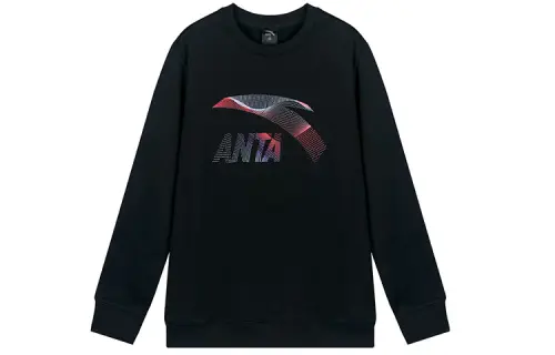 Anta Life Collection Solid Color Fleece Lined Crew Neck Letter Logo Print Pullover Sweatshirt Unisex Black