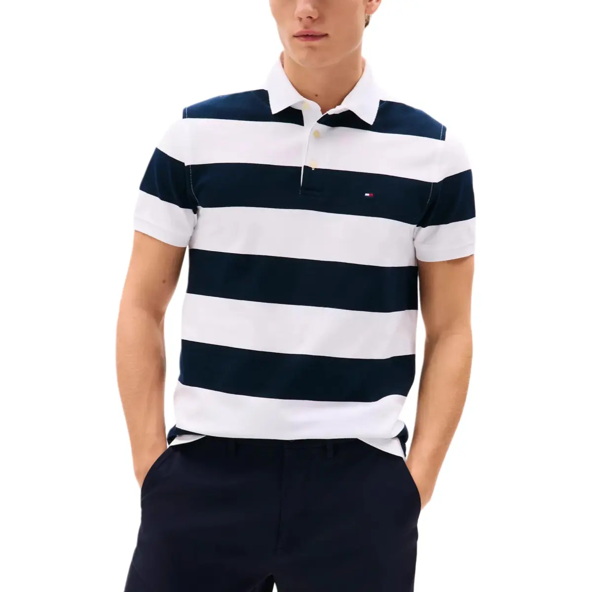 Tommy Hilfiger Polo Shirt Men's Navy Blue White Stripes