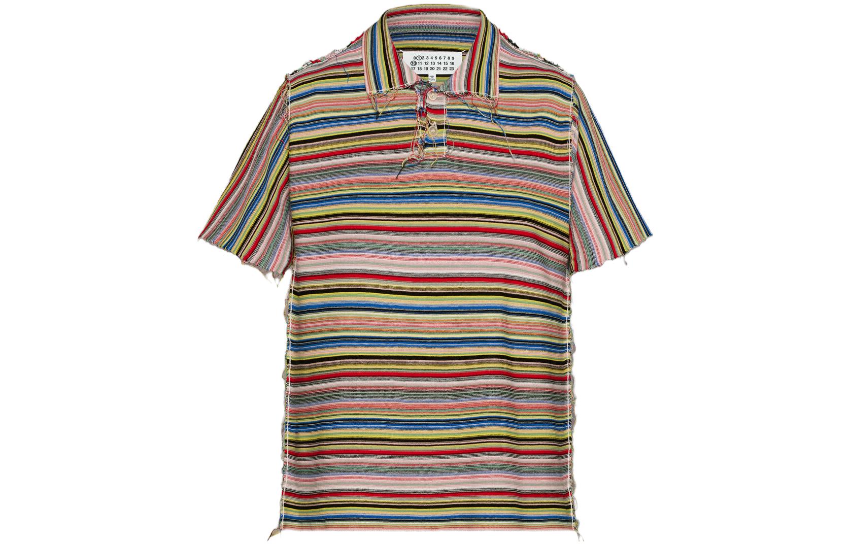 Maison Margiela Striped Raw Cut Hem Knitted Polo Shirt