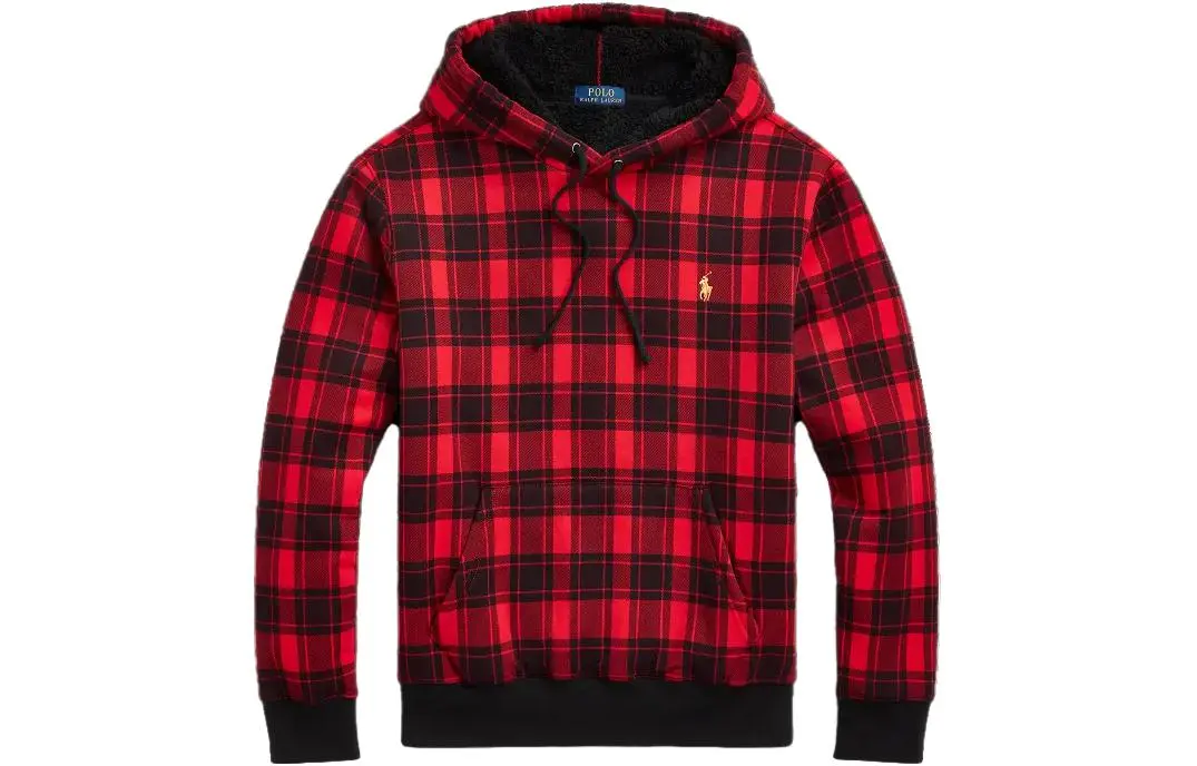 Polo Ralph Lauren Plaid Pile Fleece Hoodie Sweatshirt Men's Red