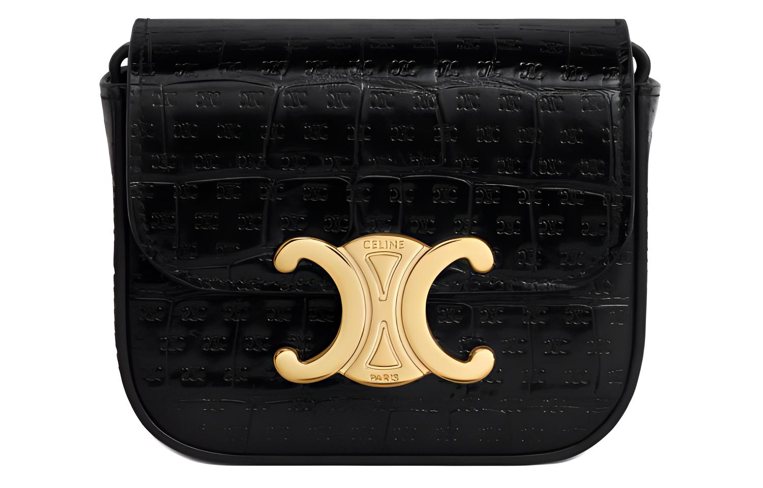 CELINE TriompheClaude Embossed Crocodile Pattern Cow Leather Crossbody Bags Mini Women's Black