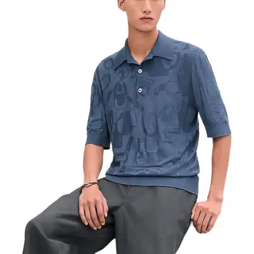 HERMES Polo Shirts Men's Blue Polo Collar Moderate Straight Fit