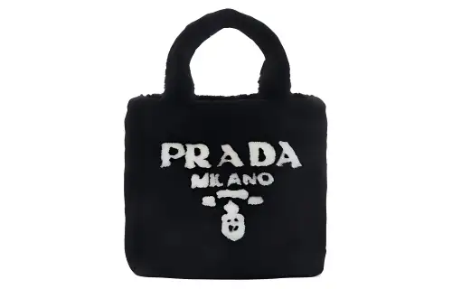 PRADA Shearling Plush Tote Bag, Shopping Bag, Shoulder Bag, Crossbody Bag, Handbag Women's Black/White