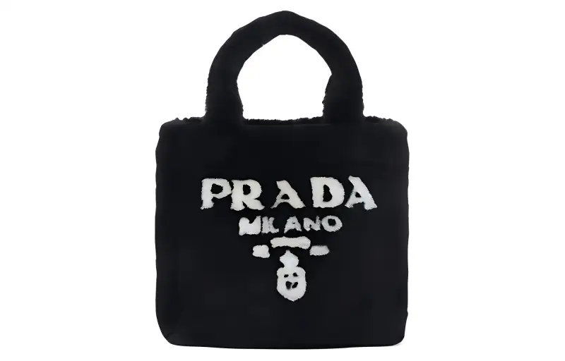 PRADA Shearling Plush Tote Bag, Shopping Bag, Shoulder Bag, Crossbody Bag, Handbag Women's Black/White