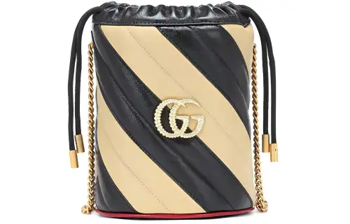 GUCCI GG Marmont Leather Bucket Bag, Shoulder Bag, Crossbody Bag, Handbag Mini Women's Black/Beige