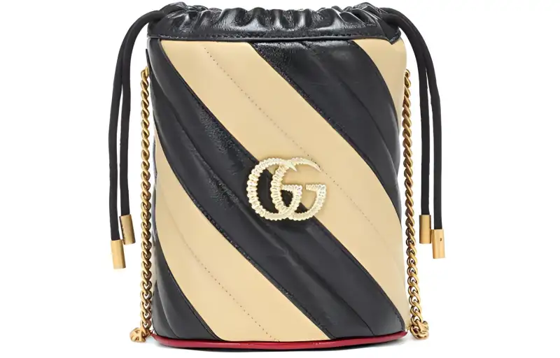 GUCCI GG Marmont Leather Bucket Bag, Shoulder Bag, Crossbody Bag, Handbag Mini Women's Black/Beige