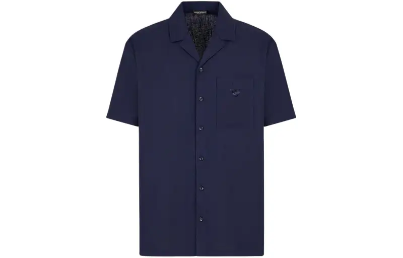 EMPORIO ARMANI Armani Short-Sleeved Linen-Blend Beachwear Shirt solid color Cuban collar loose button short-sleeved shirt men's blue