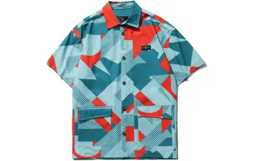 LiNing Wade series geometric all-over pattern single-breasted lapel short-sleeved shirt, men's blue
