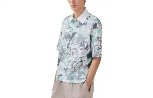 HERMES Polo Shirts Men's Cyan Polo Collar Moderate Straight Fit