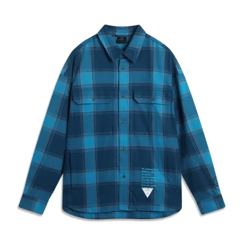 LiNing Wade series all-over plaid button lapel long-sleeved shirt men's feather crown blue rain curtain blue ocean soul blue