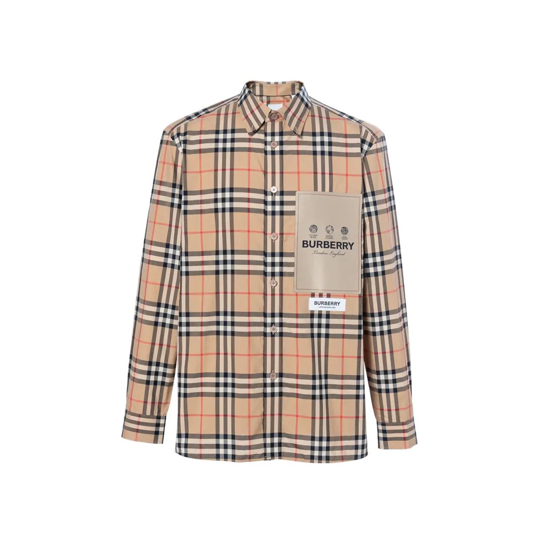 Burberry Men Label Applique Check Cotton Poplin Shirt Archive Beige