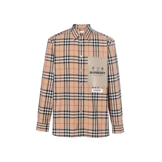 Burberry Men Label Applique Check Cotton Poplin Shirt Archive Beige