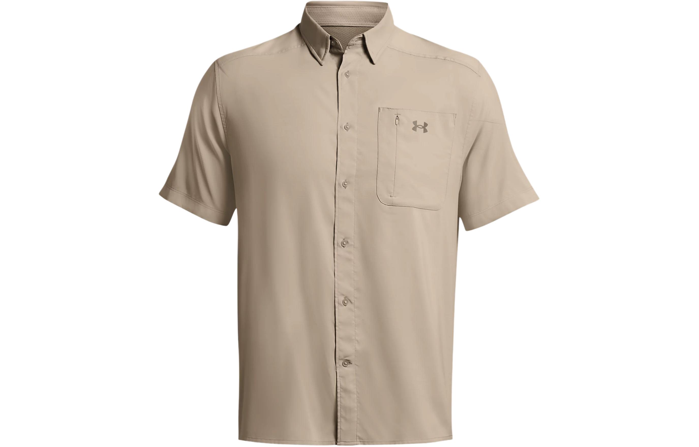 Under Armour UA Drift Tide 2.0 solid color logo logo chest pocket design casual and comfortable short-sleeved shirt men's taupe