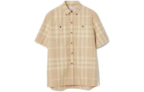 Burberry SS23 Check Stripe Single-Breasted Collar Short Sleeve Shirt Beige