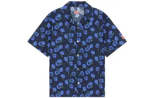 KENZO Poppy Flower Series Shirts Men's Dark Blue Cuban Collar Moderate Straight Fit