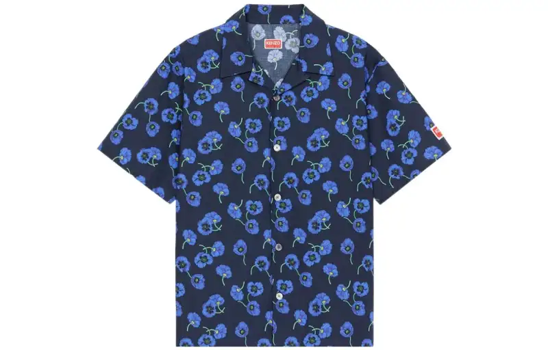 KENZO Poppy Flower Series Shirts Men's Dark Blue Cuban Collar Moderate Straight Fit
