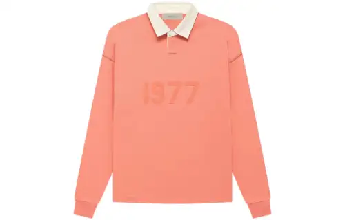 Fear of God Essentials FW22 1977 series Henley Rugby in Coral Digital Print Long Sleeve American Heavy Polo Shirt Same Model Coral Red