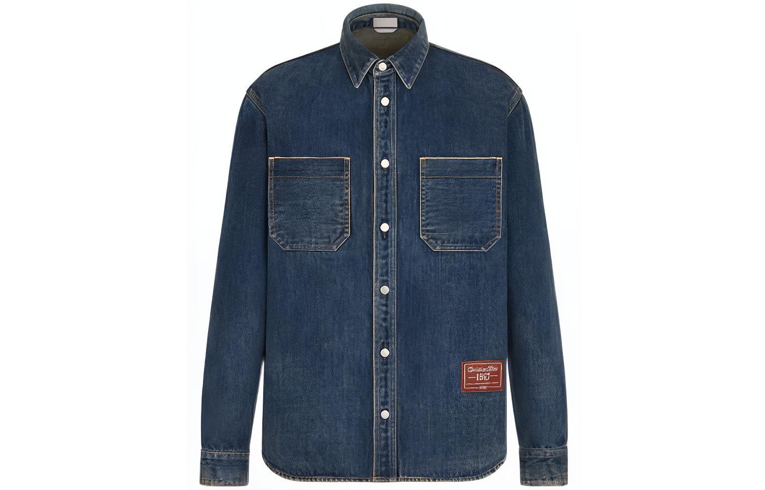 DIOR Dior FW22 solid color logo label lapel single-breasted long-sleeved shirt for men, denim blue