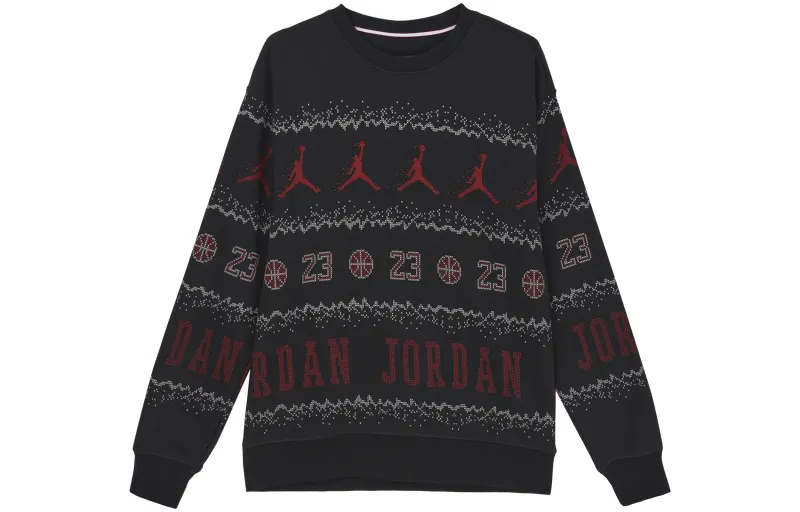 Jordan Essentials Holiday Logo Print Crew Neck Fleece Lined Casual Long Sleeved Sweatshirt Men's Black