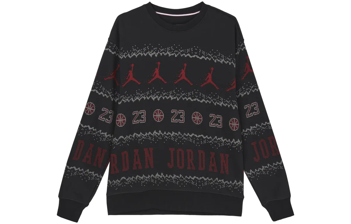 Jordan Essentials Holiday Logo Print Crew Neck Fleece Lined Casual Long Sleeved Sweatshirt Men's Black