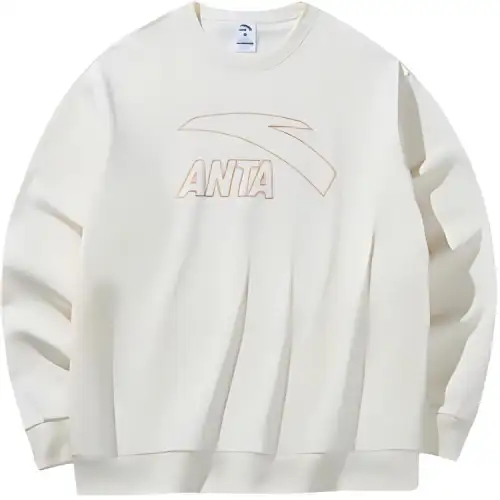 Anta Life Collection Letter Crew Neck Fleece Lined Breathable Long Sleeved Sweatshirt Unisex Vanilla White