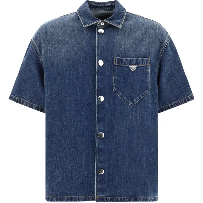PRADA Shirts Men's Marine Blue Lapel Moderate Denim