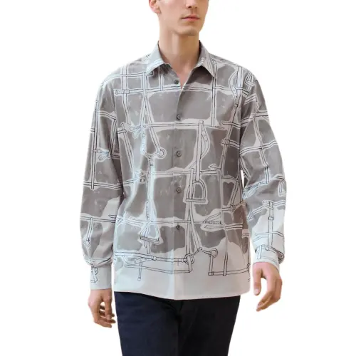 HERMES Shirts Men's Gray Lapel Moderate Other