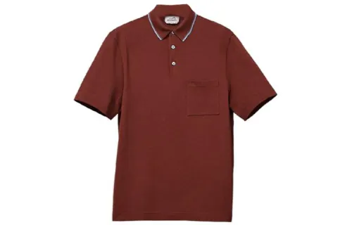 HERMES Polo Shirts Men's Brick Red Polo Collar Moderate