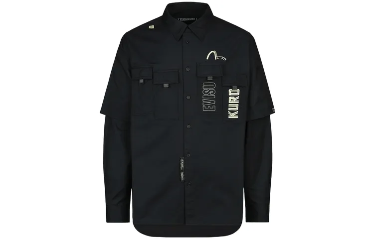 EVISU Shirts Men's Black Polo Collar Moderate Workwear