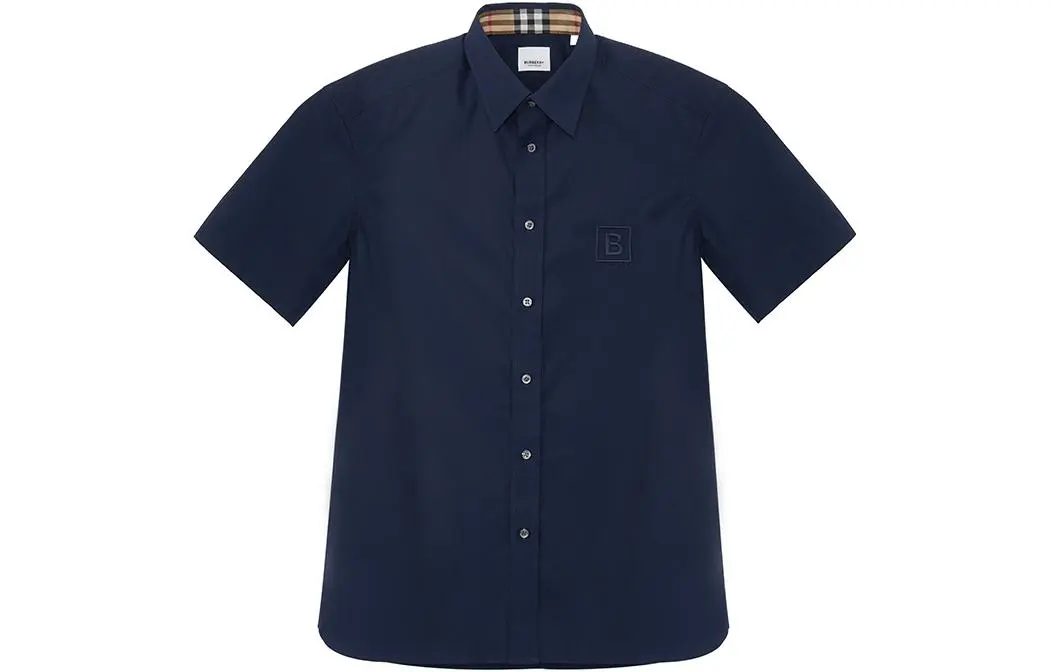 Burberry FW22 Men's Logo Embroidered Button-Up Short-Sleeve Shirt Navy